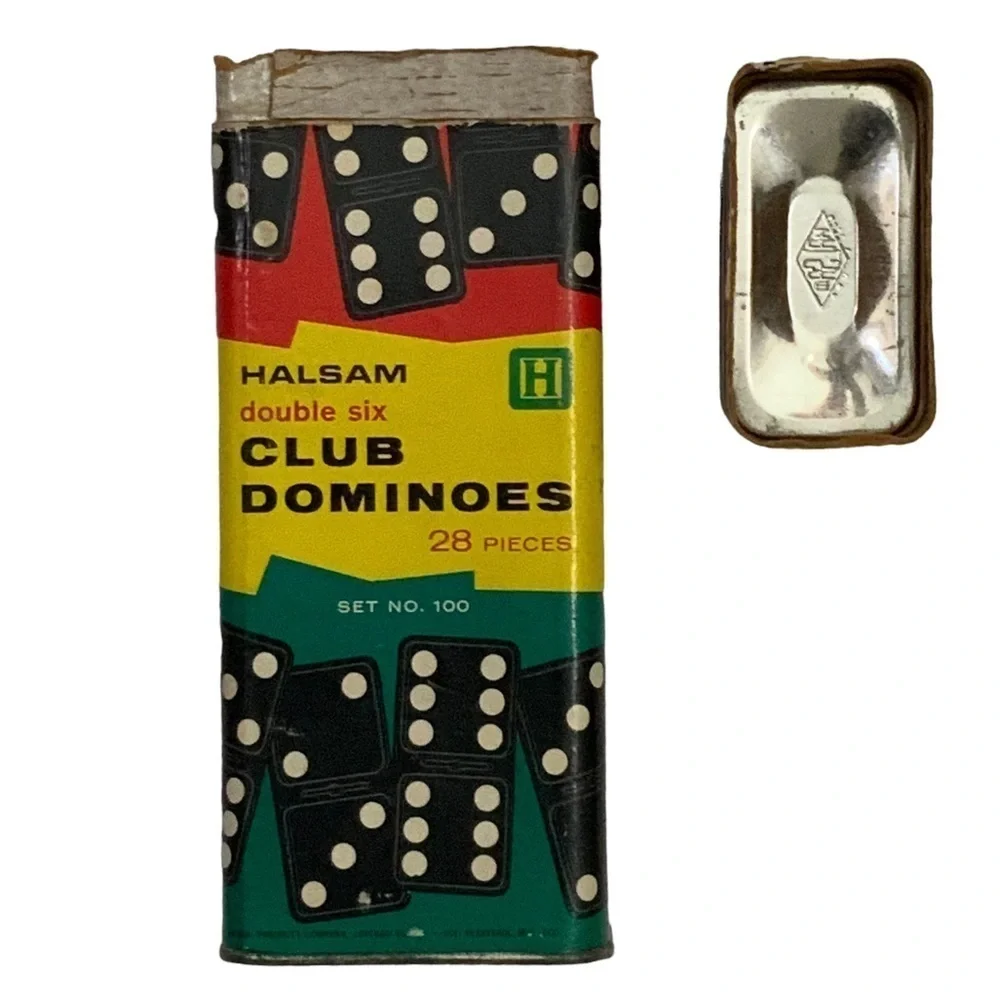 Vintage Haslam 1960’s Wood Dominos 28 Pc Original Cardboard Metal Box Set No 100